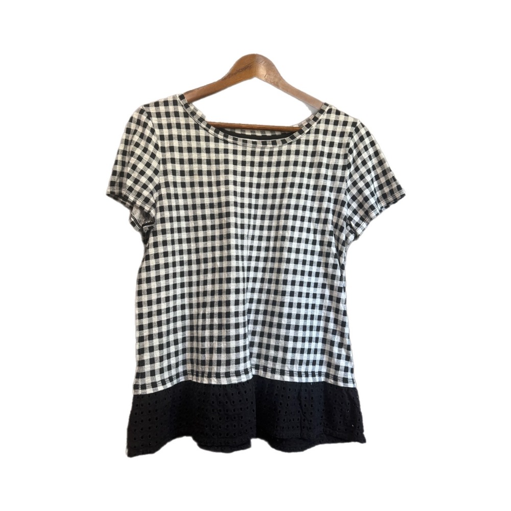 Talbots Top Women Medium Black Gingham Excellent Eyelet Lace Hem Cotton Tee